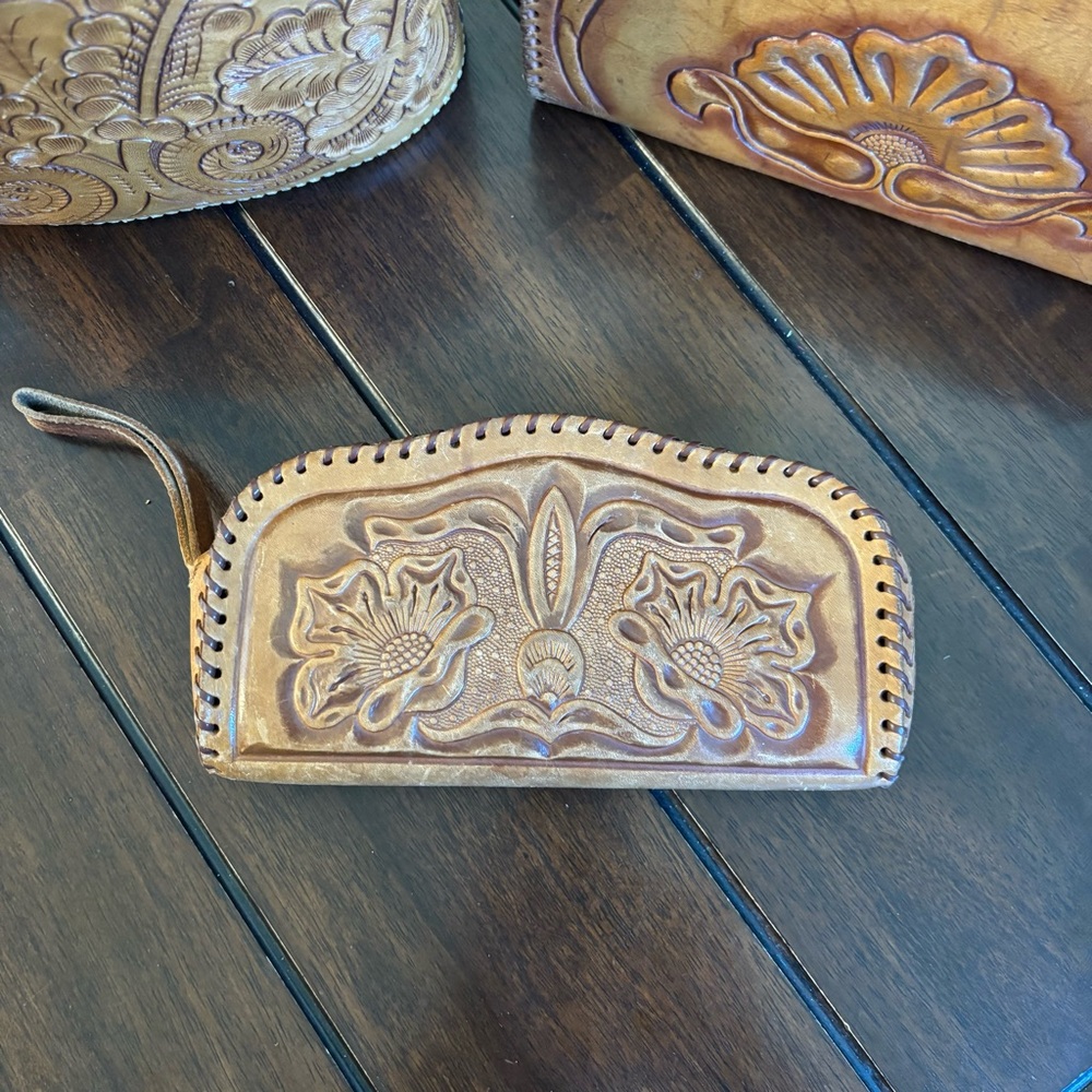 Vintage Handcrafted Mexican Tan Leather Bag Set Trio Genuine Cowhide Western - Picture 3 of 16